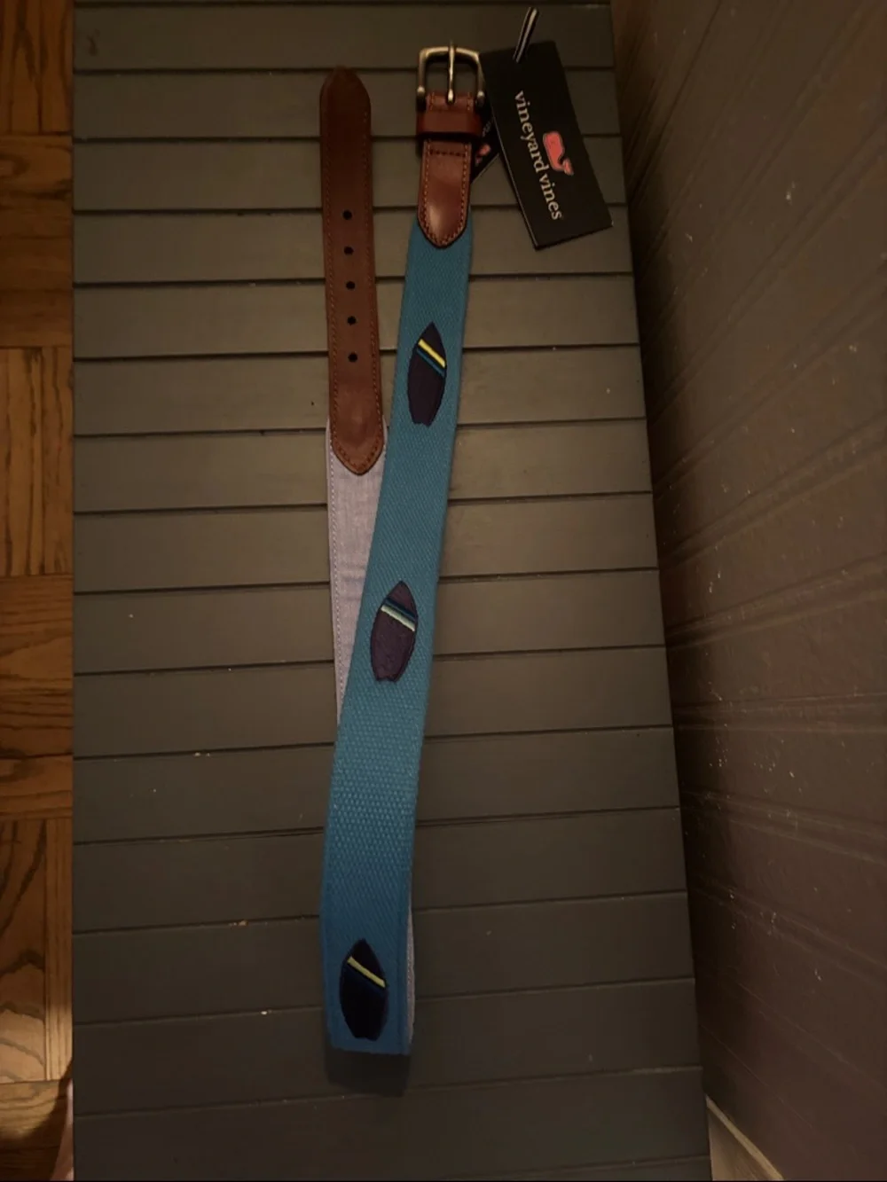 NWT Vineyard Vines Teal Webbed Belt with Brown Leather Trim